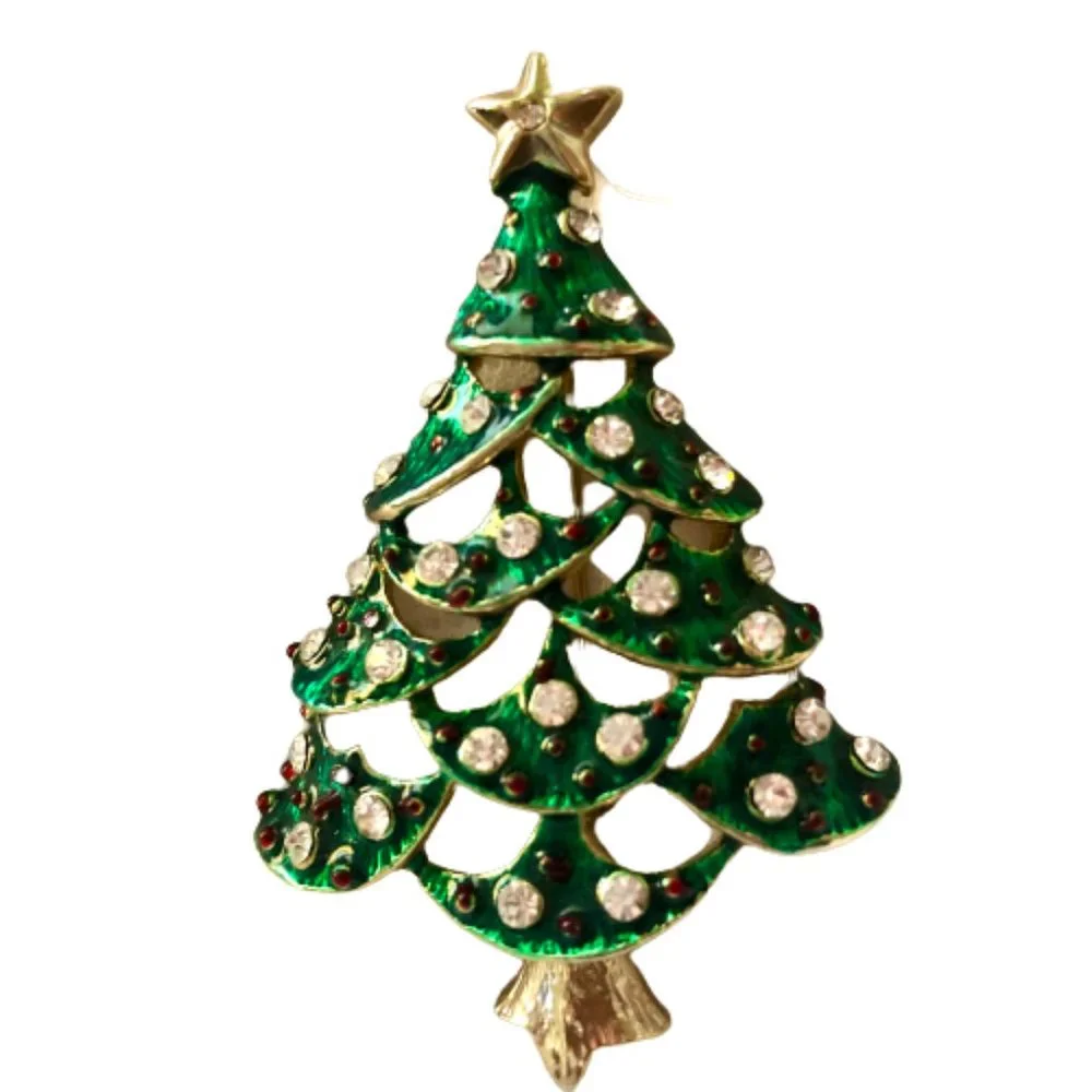 Vintage Christmas Tree Brooch Green Enamel Clear Rhinestones See Thru Cut-Outs